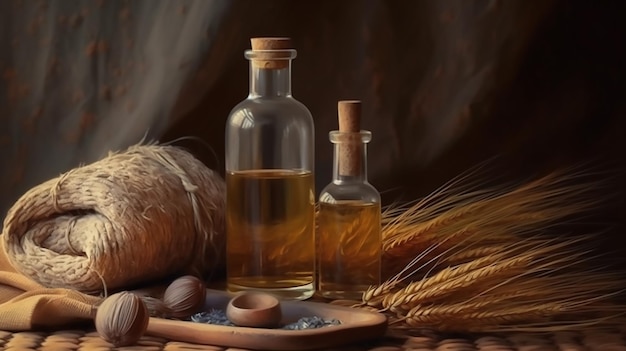 Realistic flax composition with oil bottle