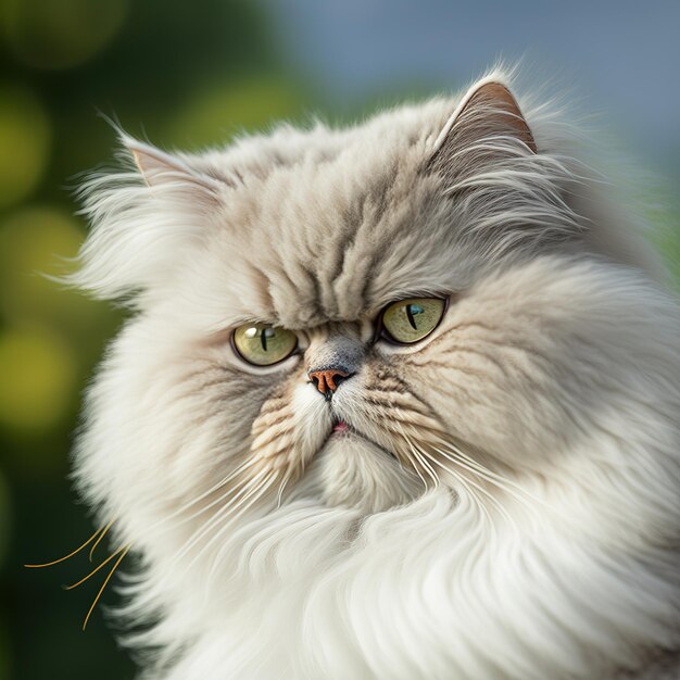 Realistic fluffy persian cat on ravishing natural outdoor background