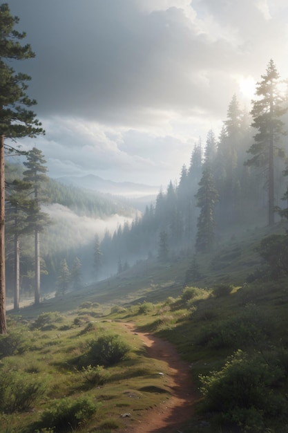 Реалистичная туманная гора с сосновым лесом