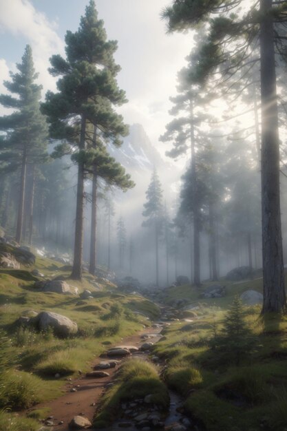 Realistic foggy mountain with pine forest