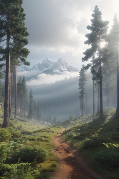 Realistic foggy mountain with pine forest