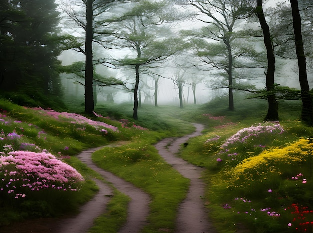 꽃이 있는 현실적인 숲 산책로 Pantone 팔레트 스톰 시네마 생성 AI 생성