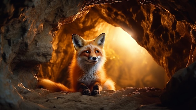 A Realistic Fox animal is sitting in a cave AI Generated image