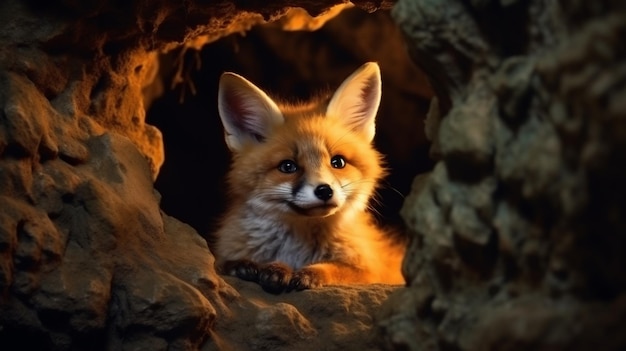 A Realistic Fox animal is sitting in a cave AI Generated image