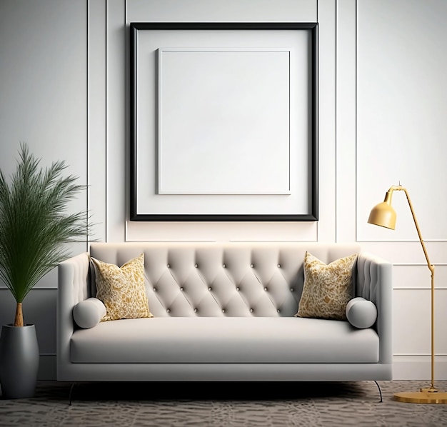 Realistic framed canvas mockup in living room illustration