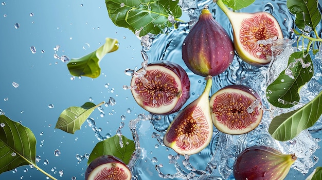 a realistic fresh fig fruit with leaves water splash