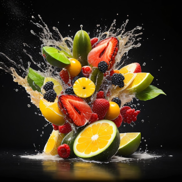 Realistic fruit juice splash burst composition with fruits on blank Black background