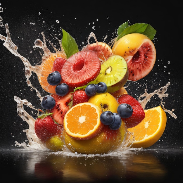 Realistic fruit juice splash burst composition with fruits on blank Black background