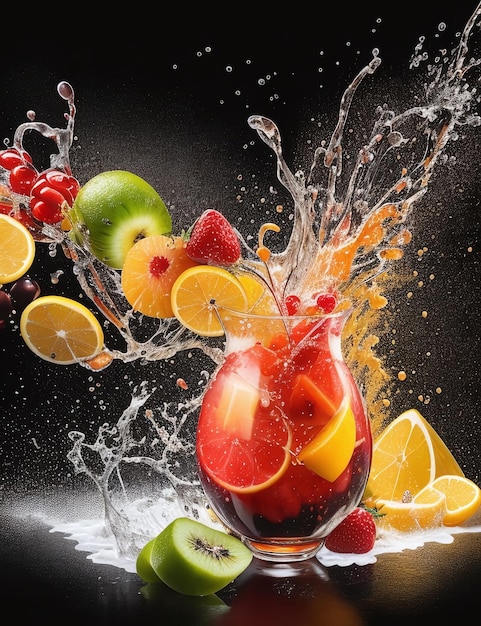 Realistic fruit juice splash burst composition with fruits on blank Black background