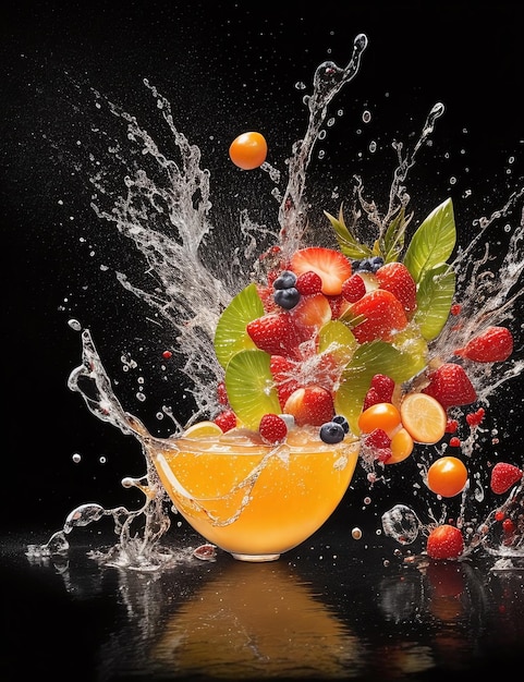 Realistic fruit juice splash burst composition with fruits on blank Black background