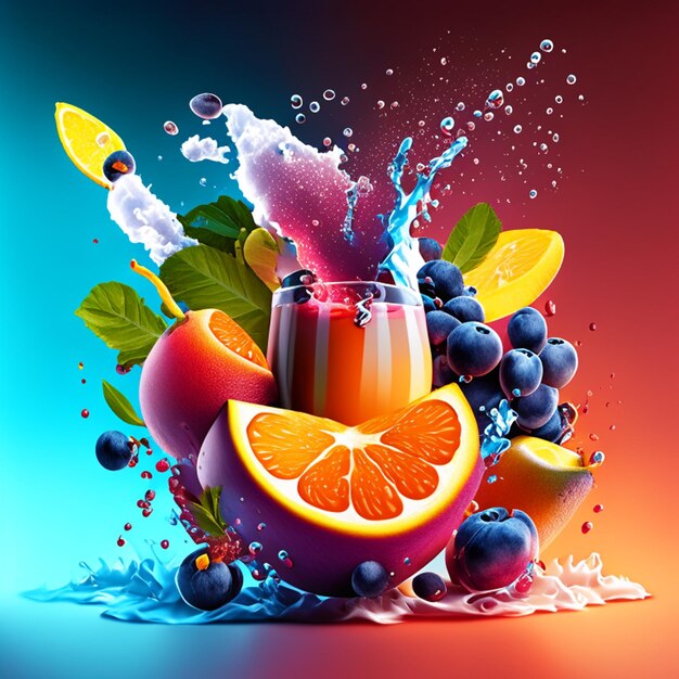 Realistic fruits juice splash burst composition with spray images and ripe tropical fruits on blank
