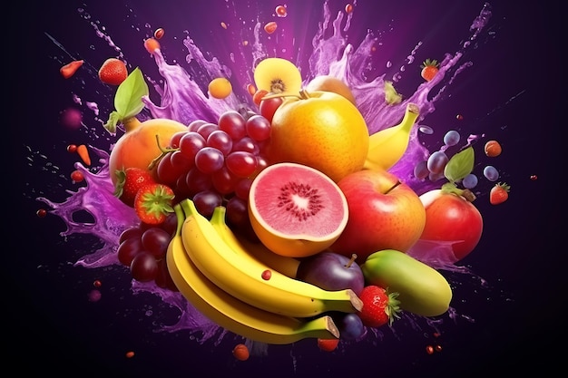 リアルな juice splash burst スプレー画像と熟した熱帯フルーツを空白に