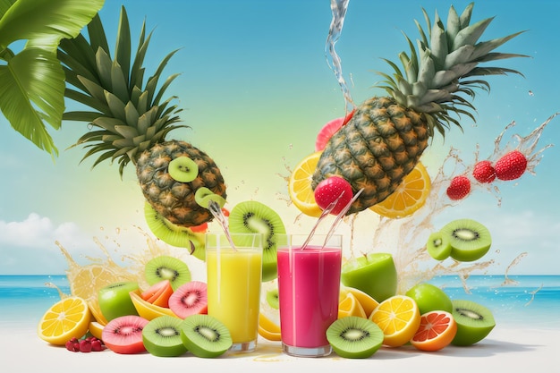 realistic ftuiys juice splash burst composition with spray images and ripe tropical fruits on blank