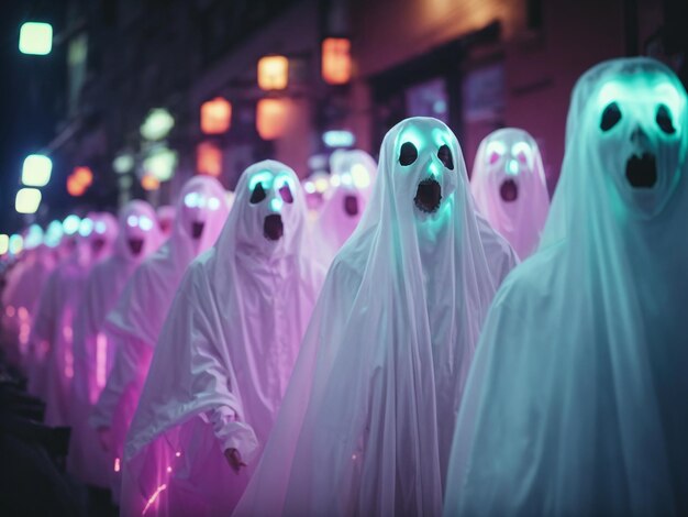 Photo realistic ghosts queue in town