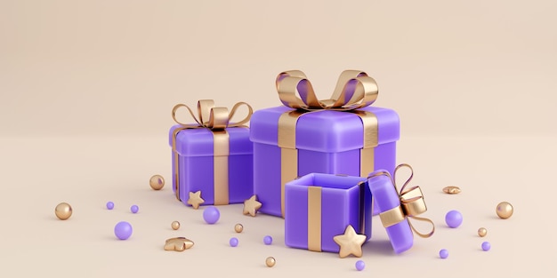 Realistic gift box with golden ribbon bow