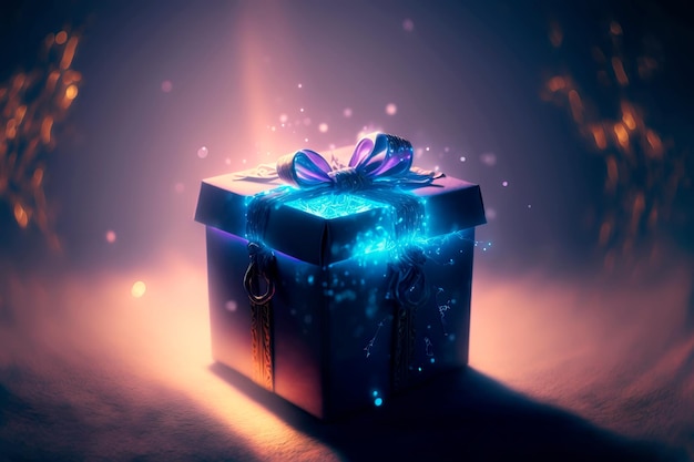 Realistic gift box with magical shining Blue open gift box with magical light