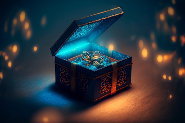 Realistic gift box with magical shining Blue open gift box with magical light