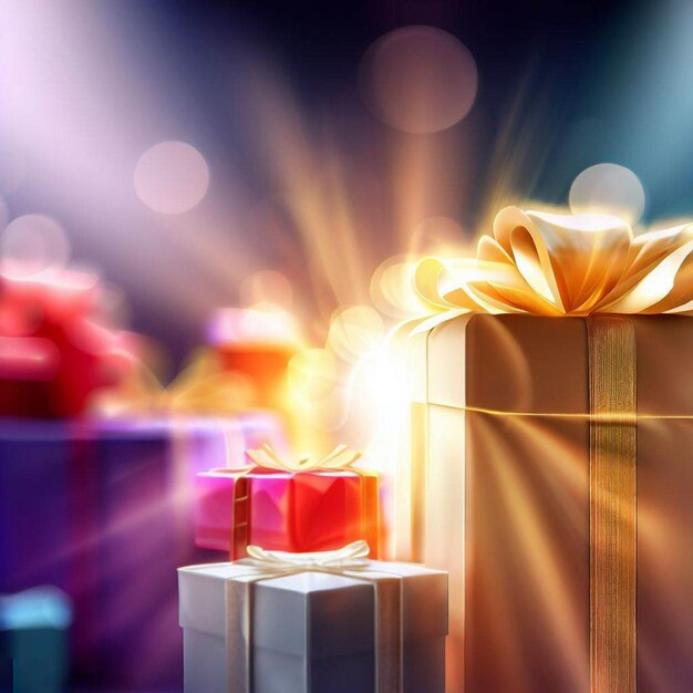 Realistic gift boxes and stunning light with blurry congratulation background