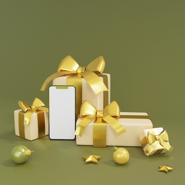 Realistic gift boxes with smartphone and gold decoration 3d rendering