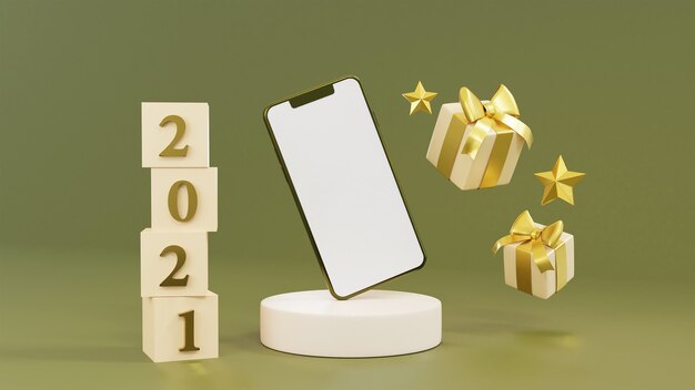 Realistic gift boxes with smartphone and gold decoration 3d rendering