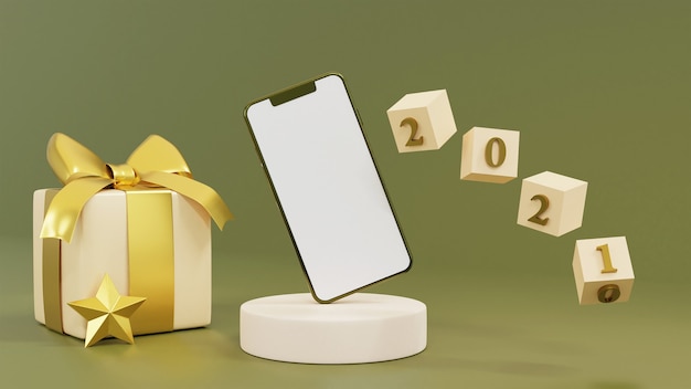 Realistic gift boxes with smartphone and gold decoration 3d rendering