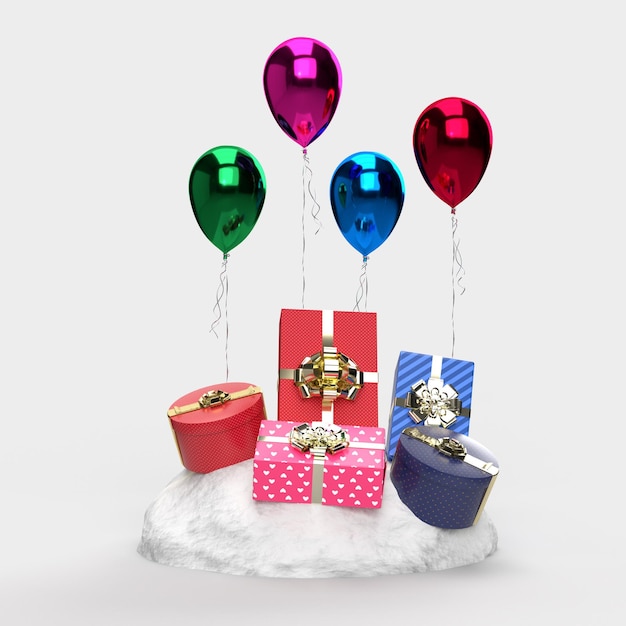 Realistic gifts boxes decorative festive object with snow New Year and Christmas festival celebration party decorations 3D rendering