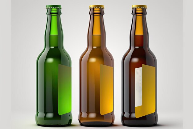 Foto bottiglie di birra in vetro realistiche in varie tonalità di verde marrone giallo e bianco siedono da sole su un bianco