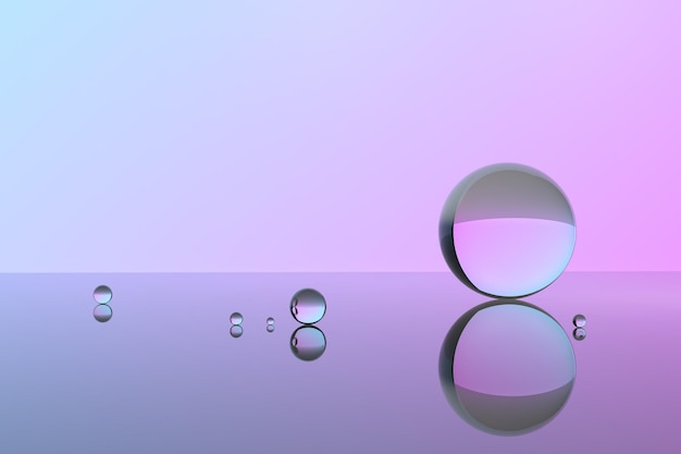 Photo realistic glass transparent balls on a pink-blue background illustration 3d rendering. glass balls concept.