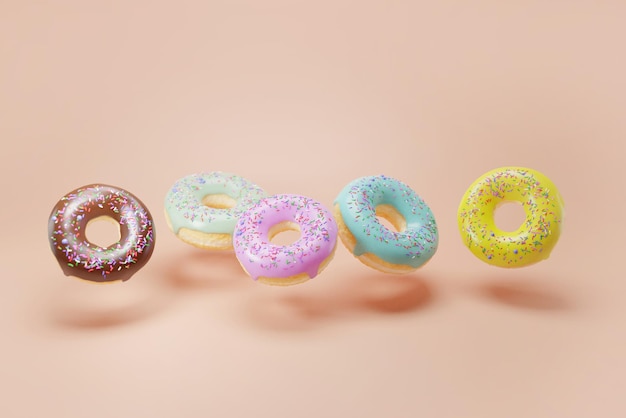 Реалистичные глазированные левитационные пончики 3d визуализация Пончики с различными шоколадными и фруктовыми глазурями и сладкой красочной посыпкой на бежевом фоне