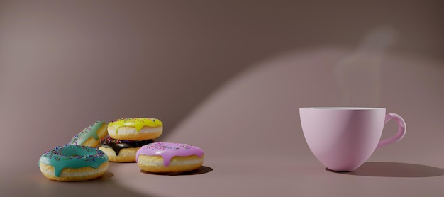 Realistic glazed levitation donuts and coffee 3d render donuts\
with different chocolate and fruit glazes pink cup of hot black\
coffee on pink background banner size copy space
