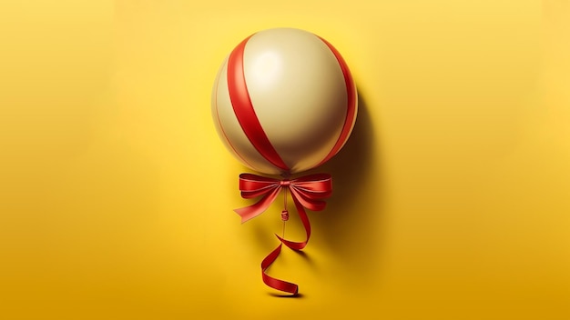 Realistic Glossy Balloon With Red Ribbon Against Yellow Background 3D Render