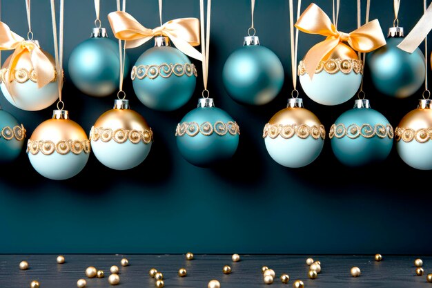 Realistic gold and blue baubles snowflakes hanging on dark blue background