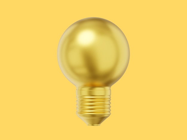 Photo realistic gold light bulb 3d rendering icon on yellow background