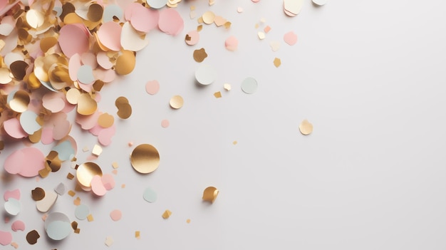 Realistic gold and pink confetti top view on the pastel background