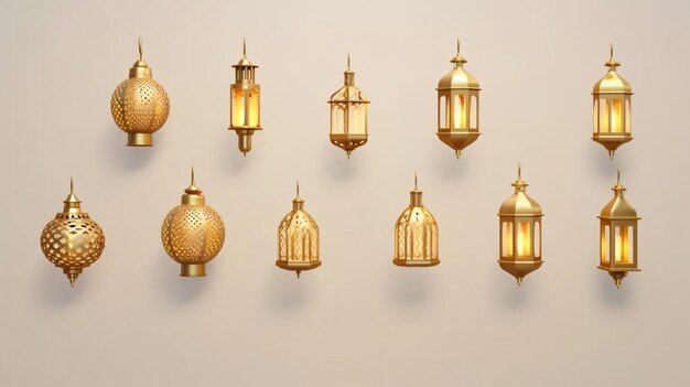 realistic golden Arabic lantern icon set with burning candle (실제적인 황금 아랍 랜턴 아이콘 세트와 불타는 불)