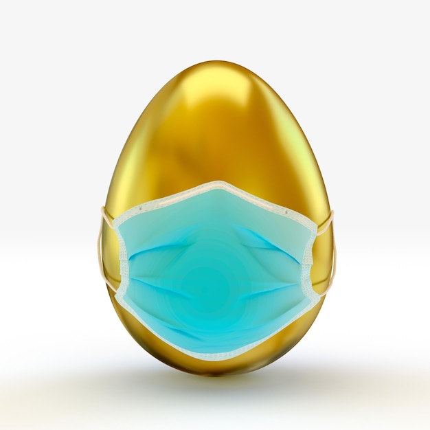 Realistic golden Easter egg with medical disposable mask on white background 3D rendering