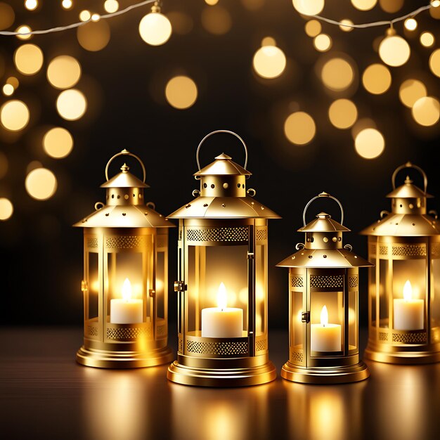 Realistic golden lanterns with bokeh