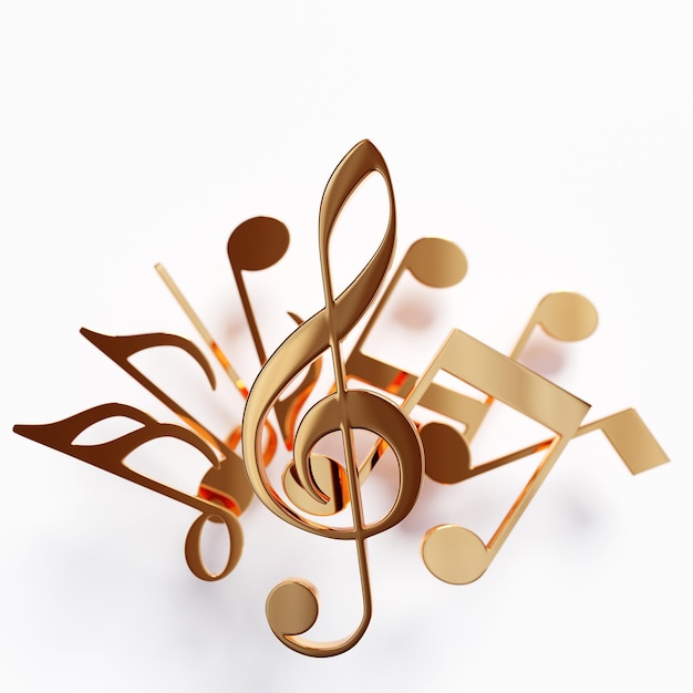 Realistic golden metal treble cle and musical notes on a white background 3d golden musical symbol decoration elements for design