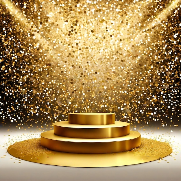 Realistic golden podium and sparkling confetti with black background and white floor