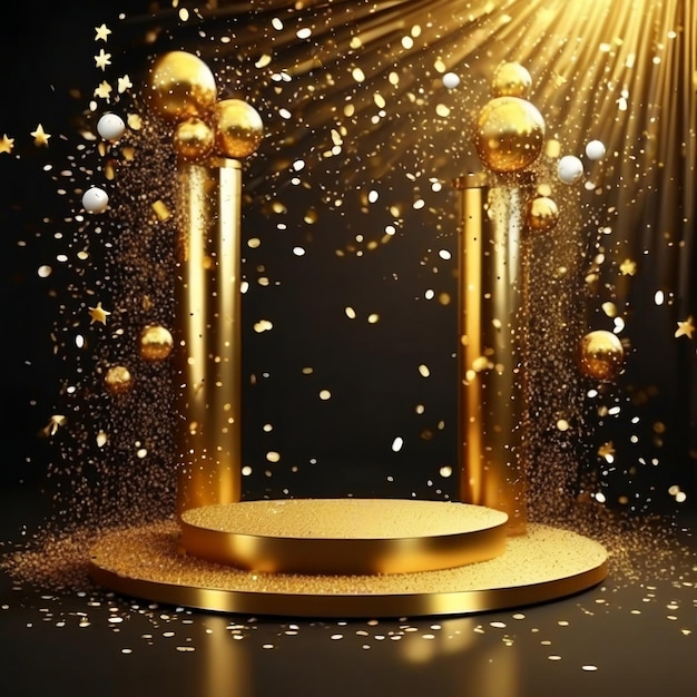 Realistic golden podium with sparkle and two pillars on either side with black background