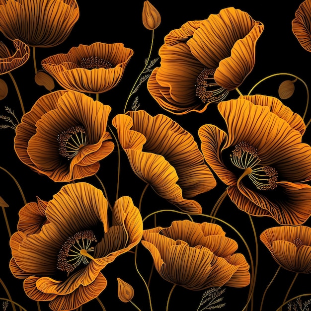 Realistic golden poppies flowers illustration pattern