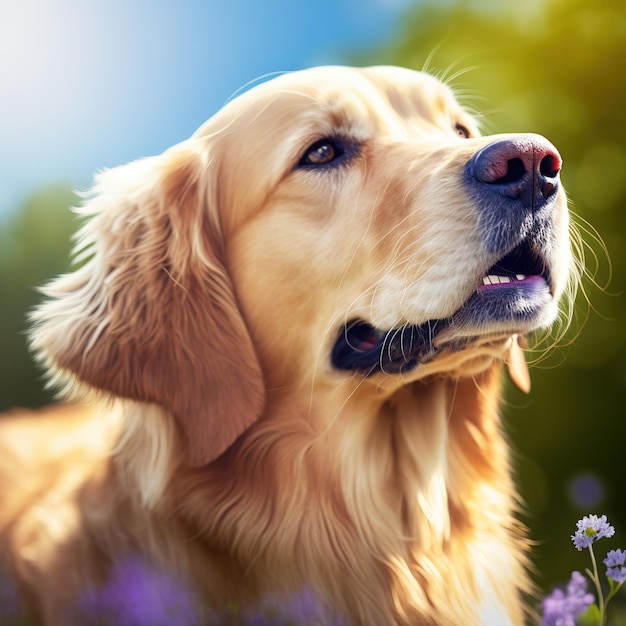 Realistic golden retriever dog on ravishing natural outdoor background