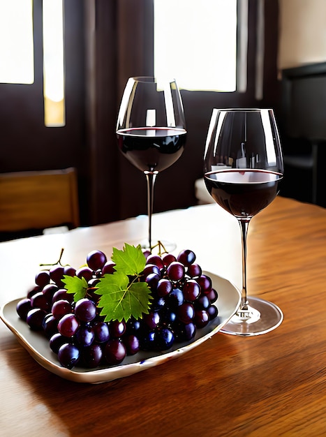 Realistic grapes and wine set in a cozy and detailed restaurant with neutral colors warm lighting and a long shot showcasing a highly inviting atmosphere generative ai generated
