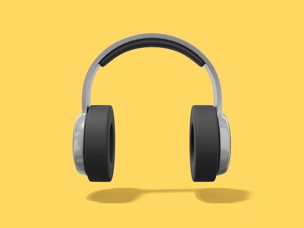 Realistic gray headphones on yellow background Front view 3d rendering