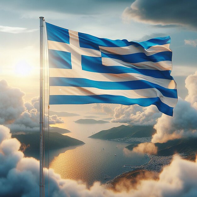 Реалистическая Греция Флаг на флагштоке, размахивающийся на ветру на белых облаках