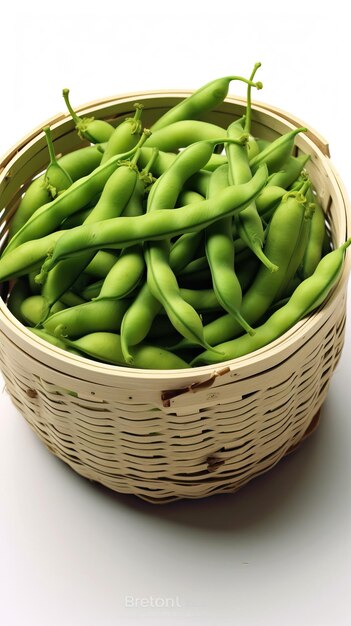 realistic Green Beans in basket white background 8k