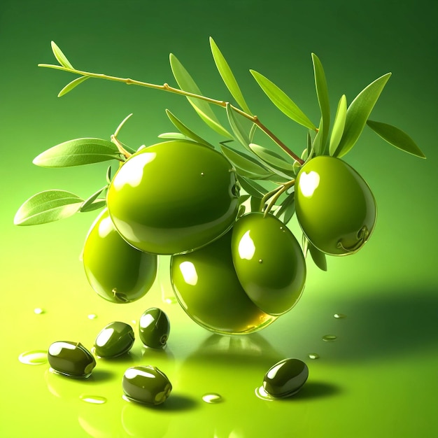 Realistic green olives on oil