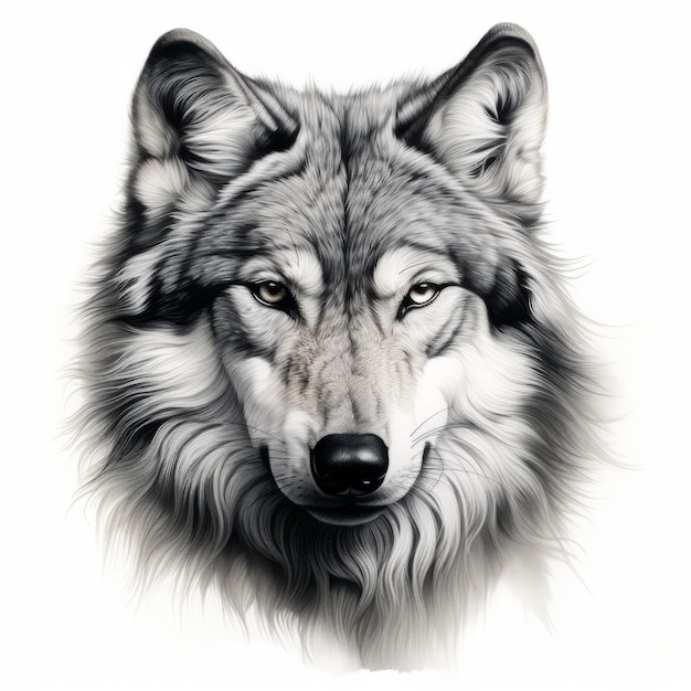 Realistic Grey Wolf Portrait Tattoo Drawing On White Background