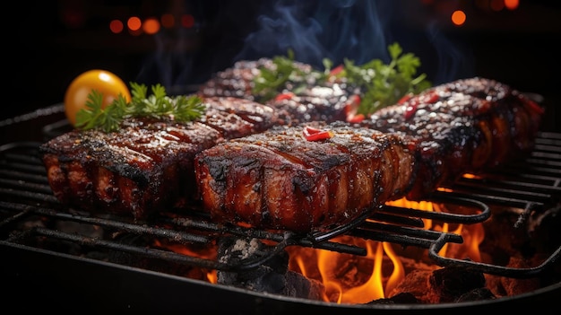 Realistic grilled barbeque with melted barbeque sauce and cut vegetables black and blur background