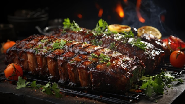 Realistic grilled barbeque with melted barbeque sauce and cut vegetables black and blur background
